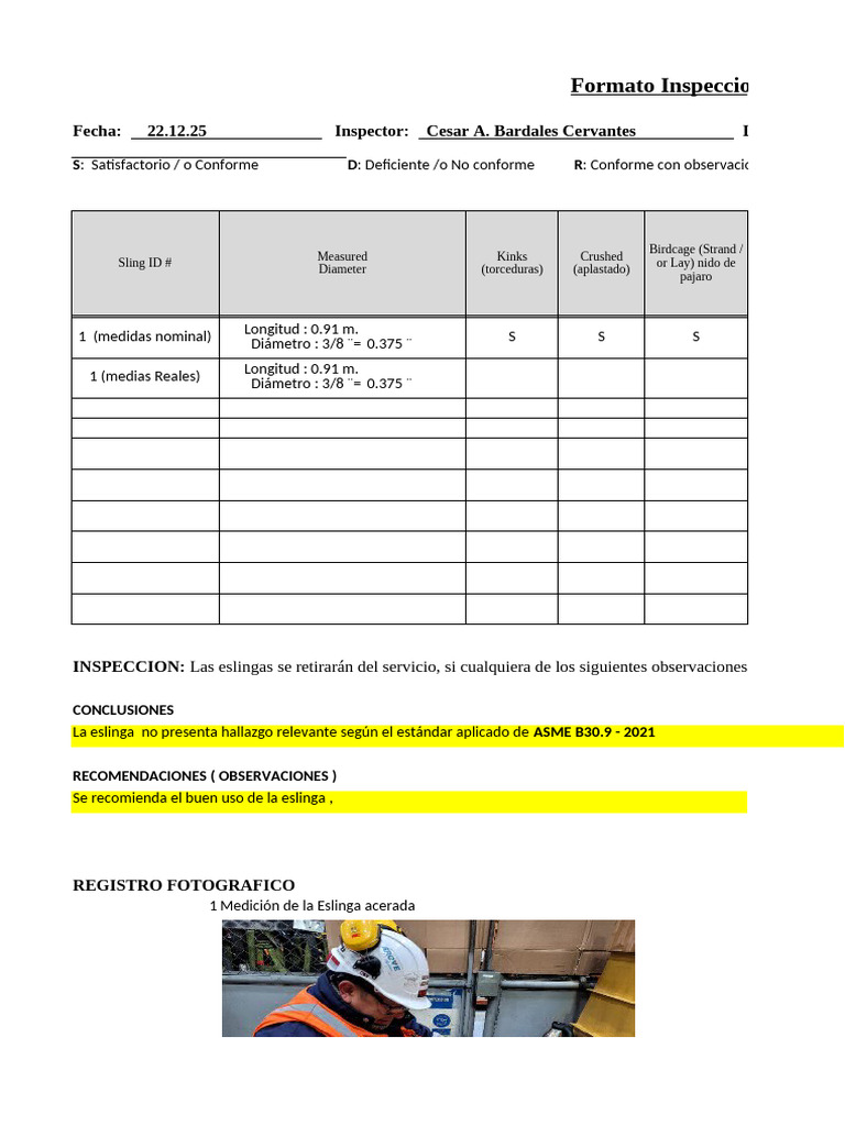 Formato Inspeccion de Accesorio de Izaje Certificacion CBAR Strobo-1 | PDF