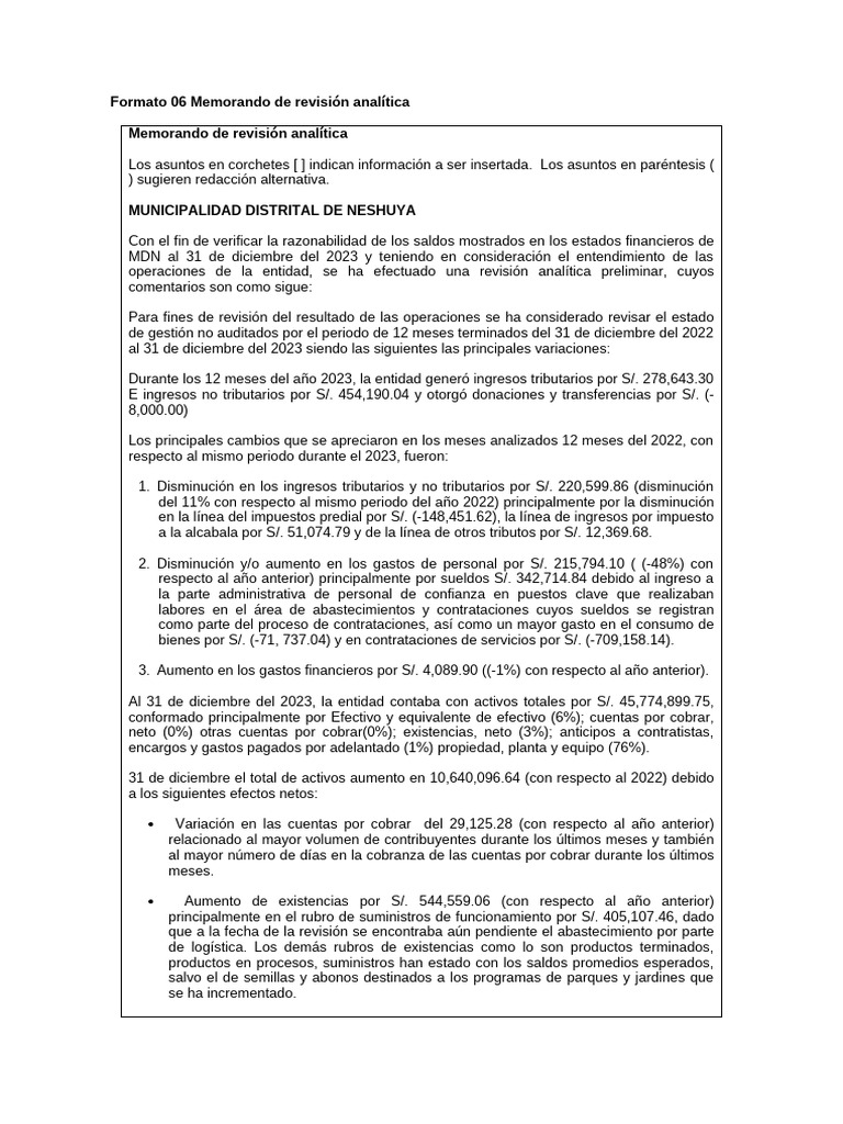 Formato 06 Memorando de Revisión Analítica | PDF | Deuda | Economias