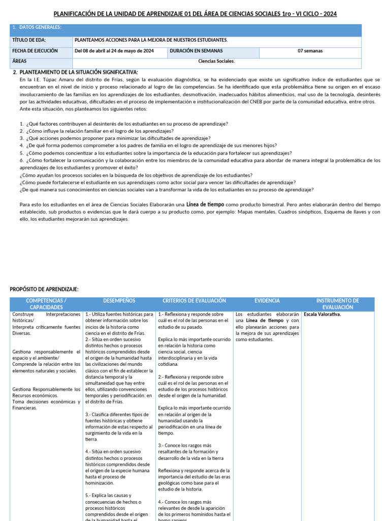 Unidad de Aprendizaje 01 1ro Sec CCSS | PDF | Aprendizaje | Paleolítico