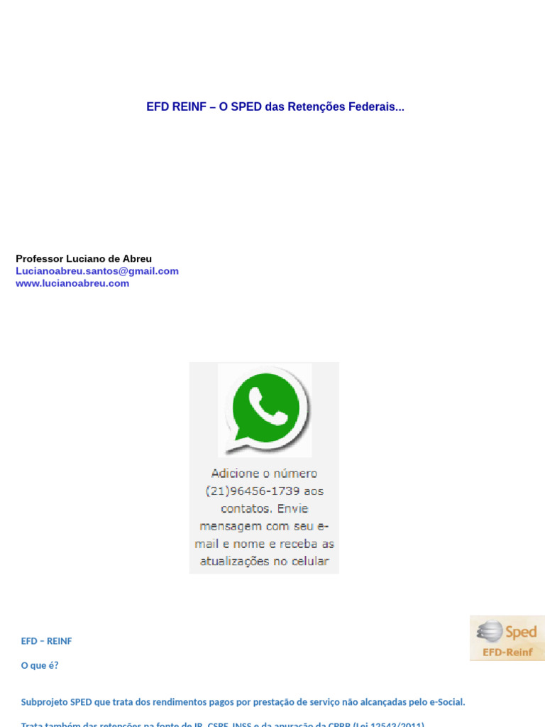 EFD REINF: Retenções Federais Explicadas | PDF | Desperdício | Transporte