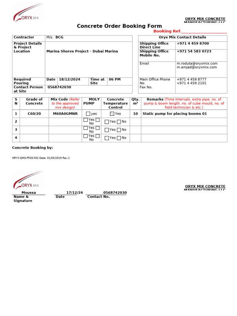 Concrete Order Booking Form - Oryx Mix | PDF | Concrete