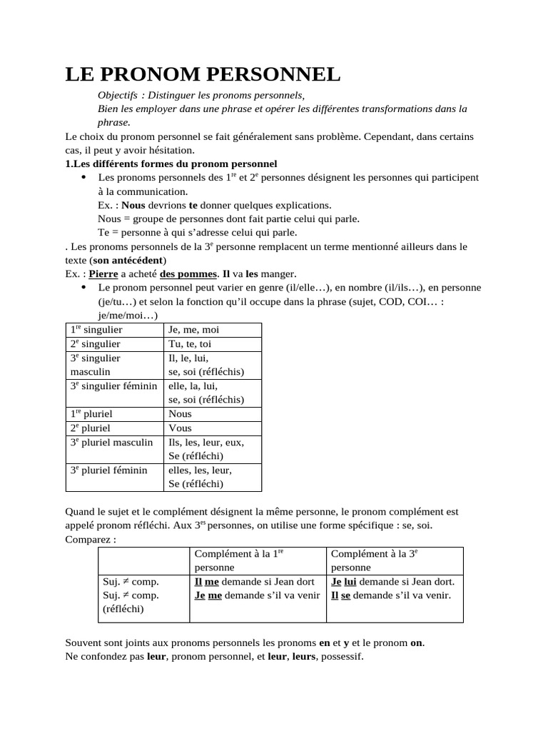 Comprendre les pronoms personnels | PDF | Pronom | Nombre grammatical