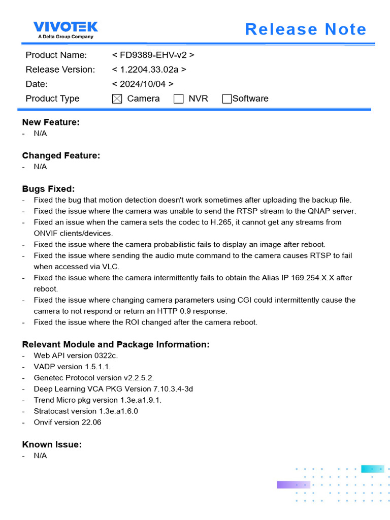 FD9389-EHV-v2 Release Notes 1.2204.33.02a | PDF | Transport Layer ...