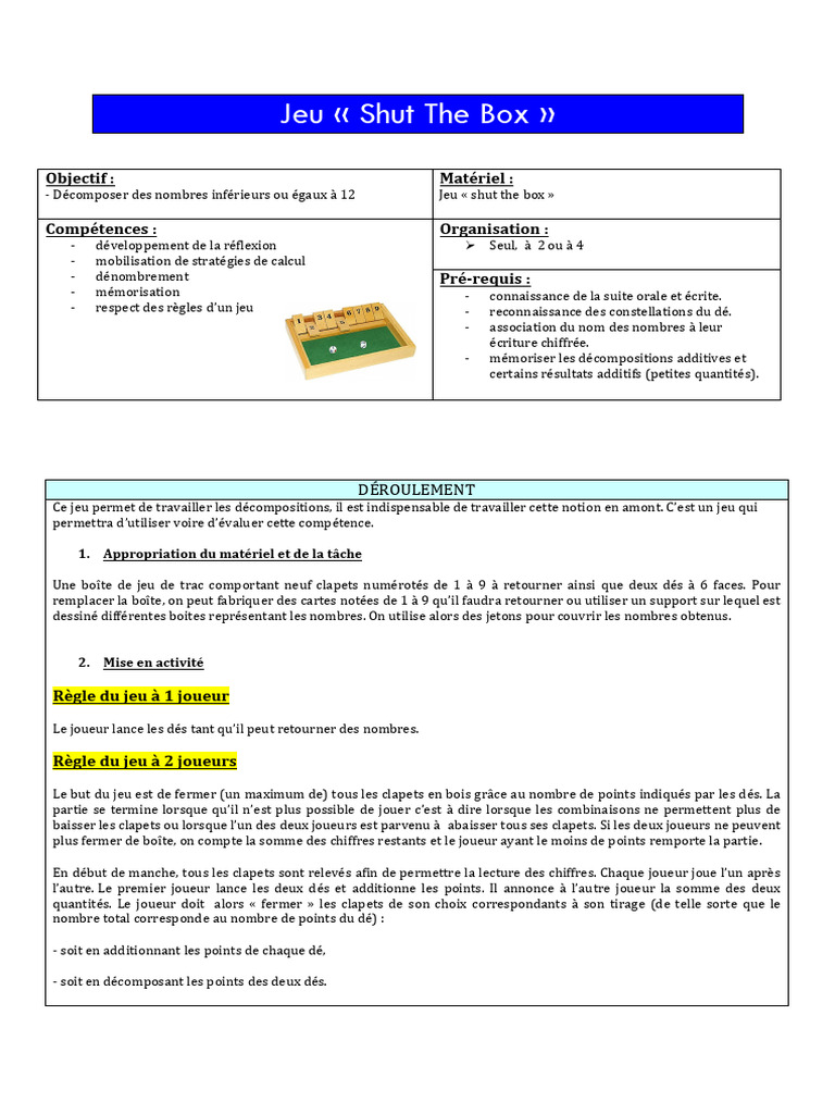 Règles et Variantes du Jeu Shut The Box | PDF | Dé | Gaming