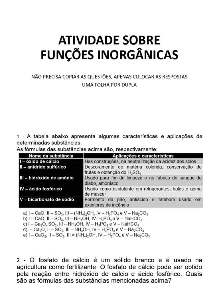 Atividade Sobre Funções Inorgânicas | PDF | Sal (Química) | Cálcio