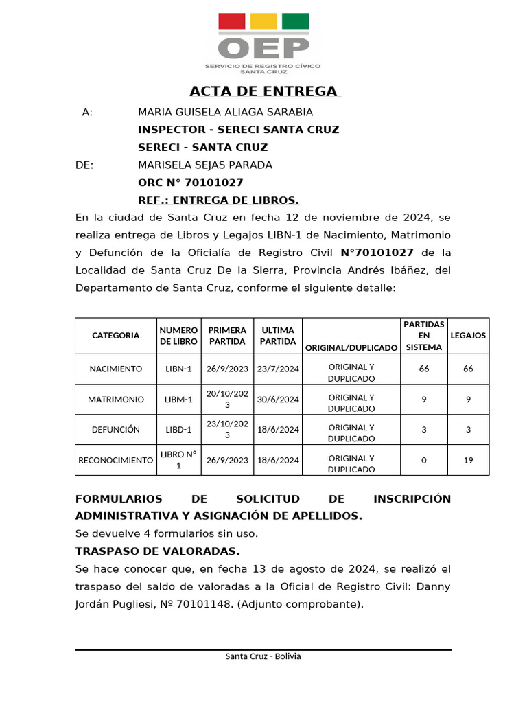 Acta de Entrega de Libros SERECI SCZ | PDF