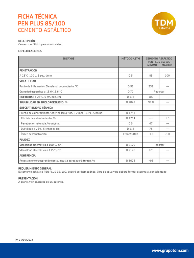 Cemento Asfáltico PEN PLUS 85/100 | PDF
