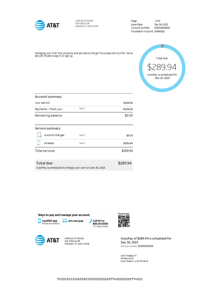 AT&T Bill Summary for Carlos Di Palma | PDF | Financial Services | Banking