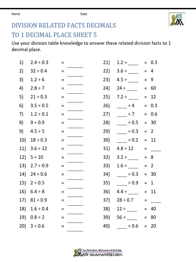 Division Facts to 1 Decimal Place | PDF