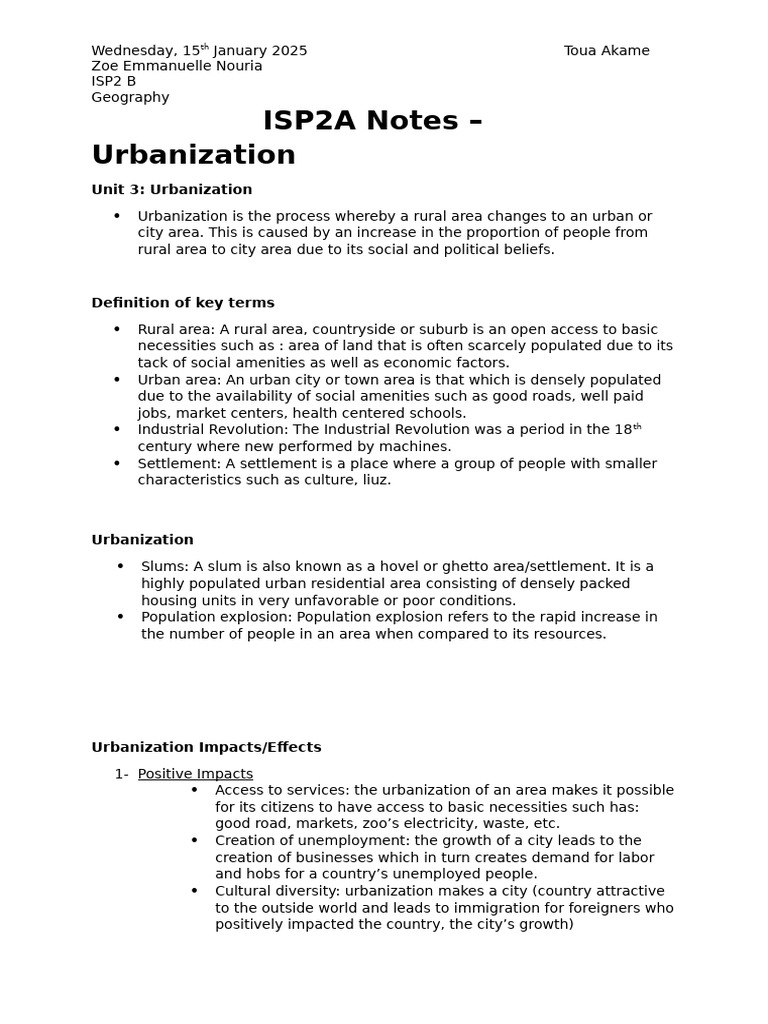ISP2A Notes - Geography | PDF | Urbanization | Slum