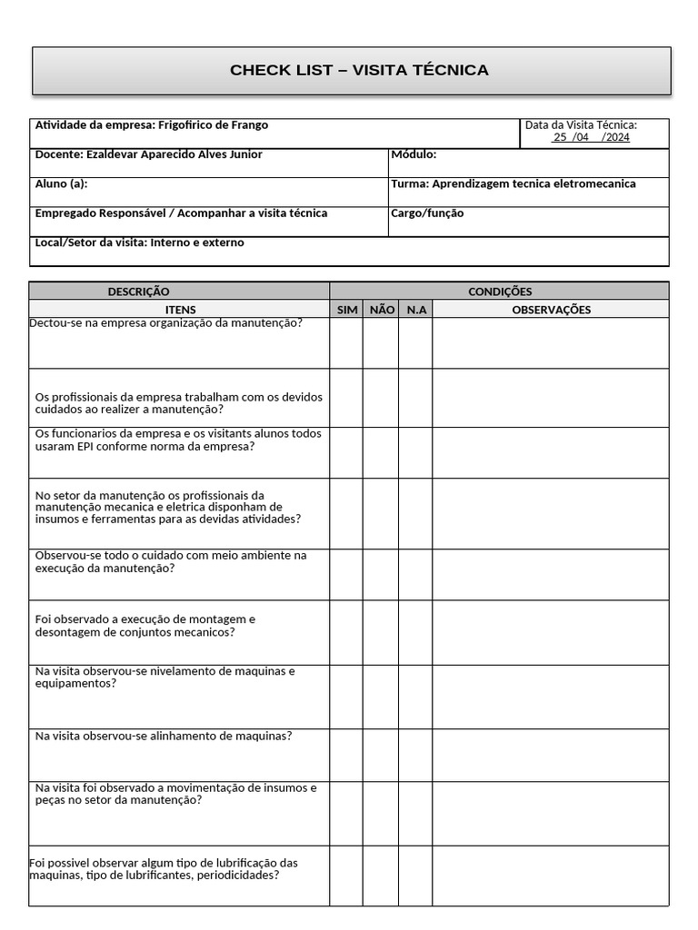 Check List de Visita Técnica em Frigorífico | PDF