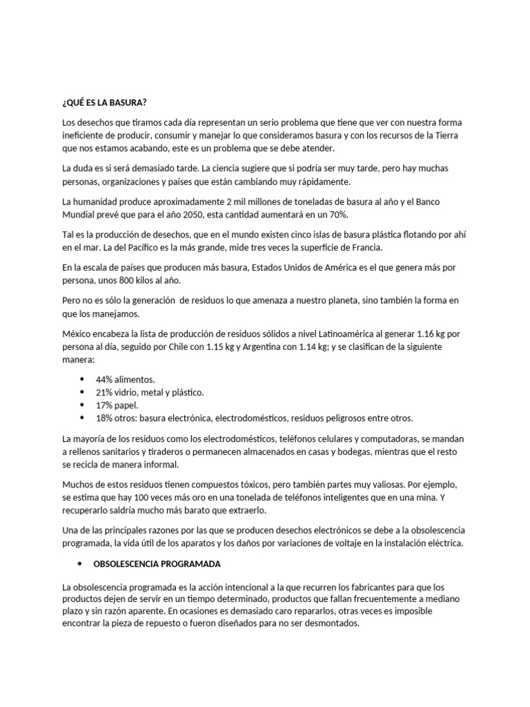 Problemas de la Basura y Obsolescencia | PDF | Residuos