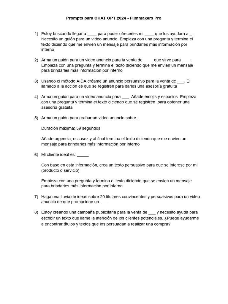 Prompts para CHAT GPT 2024 - Filmmakers Pro | PDF
