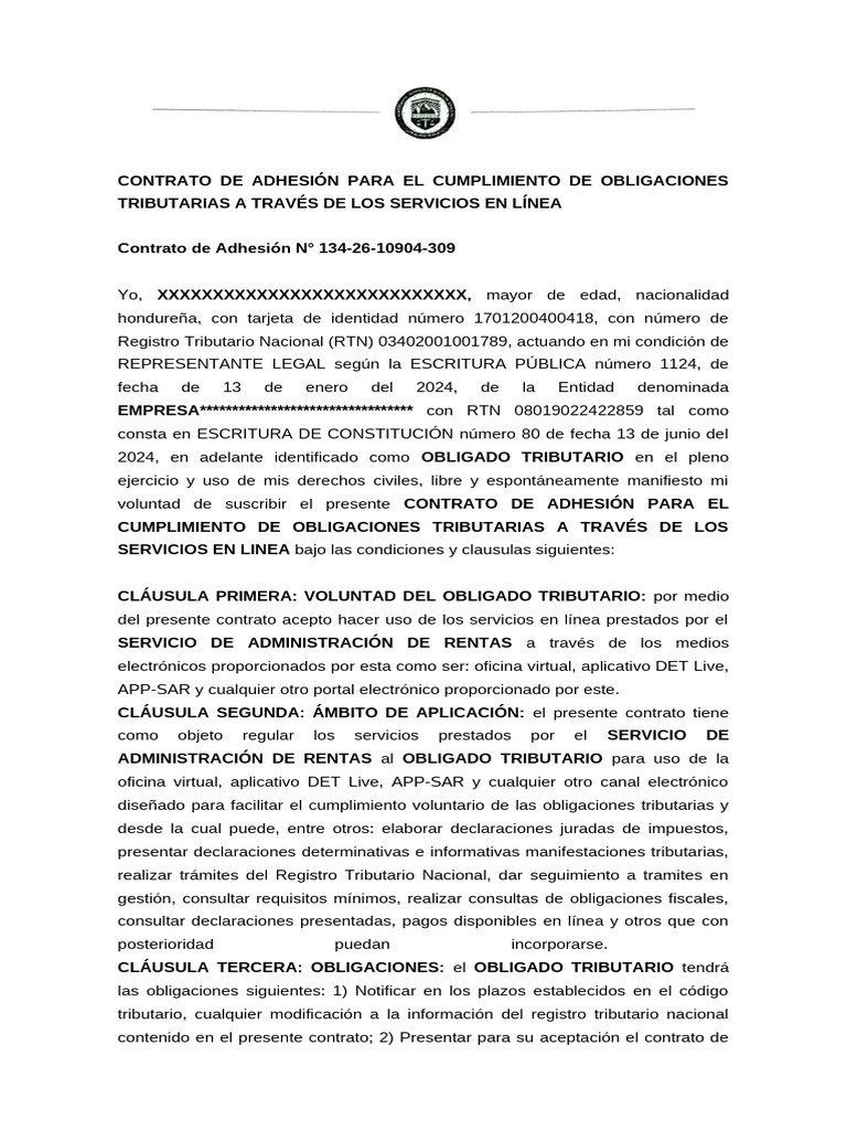 Contrato de Adhesión Tributaria en Línea | PDF | Internet | Contraseña