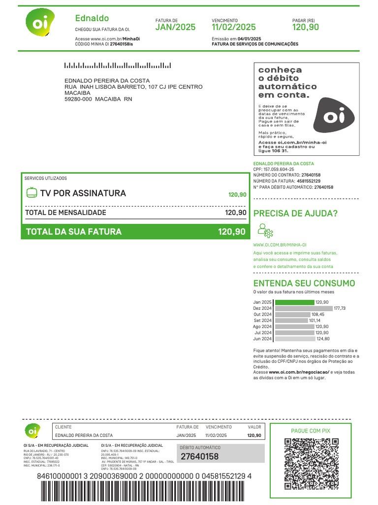 Fatura Oi - Jan/2025 - Ednaldo Costa | PDF