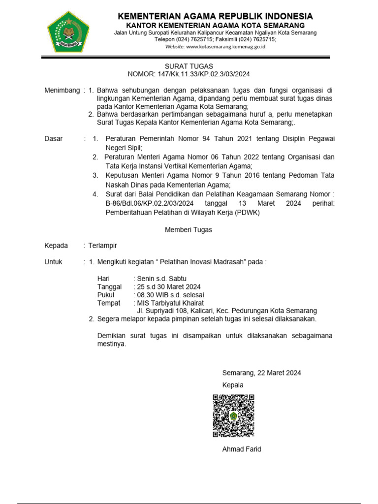 Surat Tugas Pelatihan Inovasi Madrasah | PDF