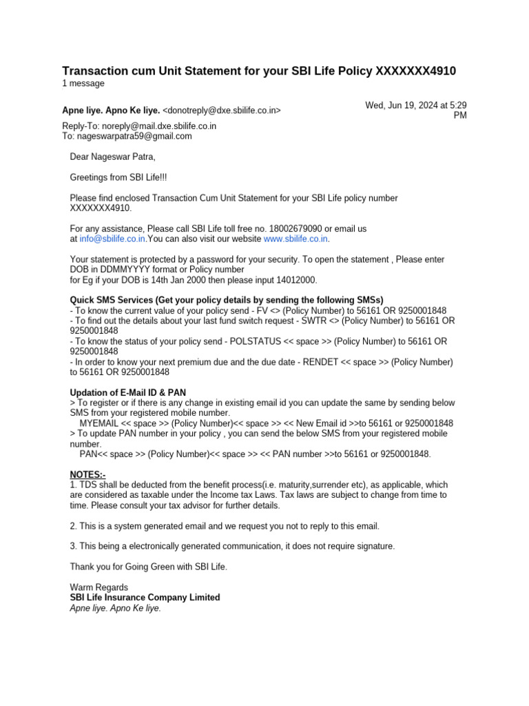 SBI Life Policy Transaction Statement | PDF