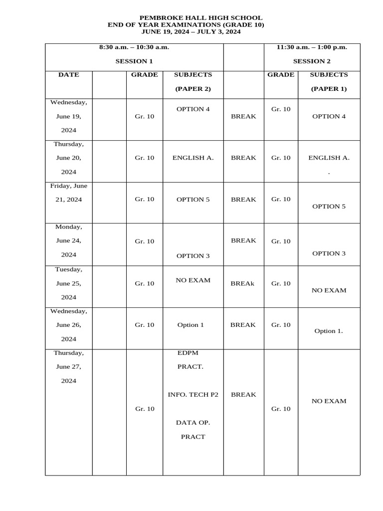 Pembroke Hall Grade 10 Exam Schedule | PDF