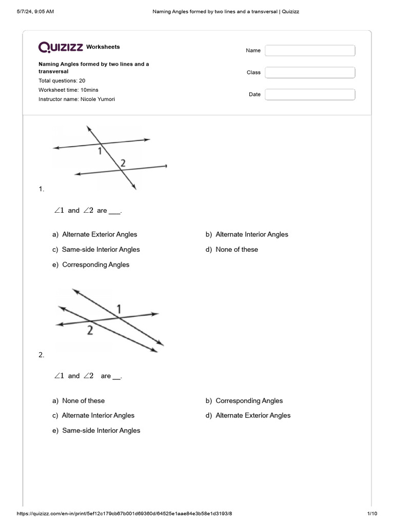 Quizizz - Naming Angles formed by two lines and a transversal | PDF ...