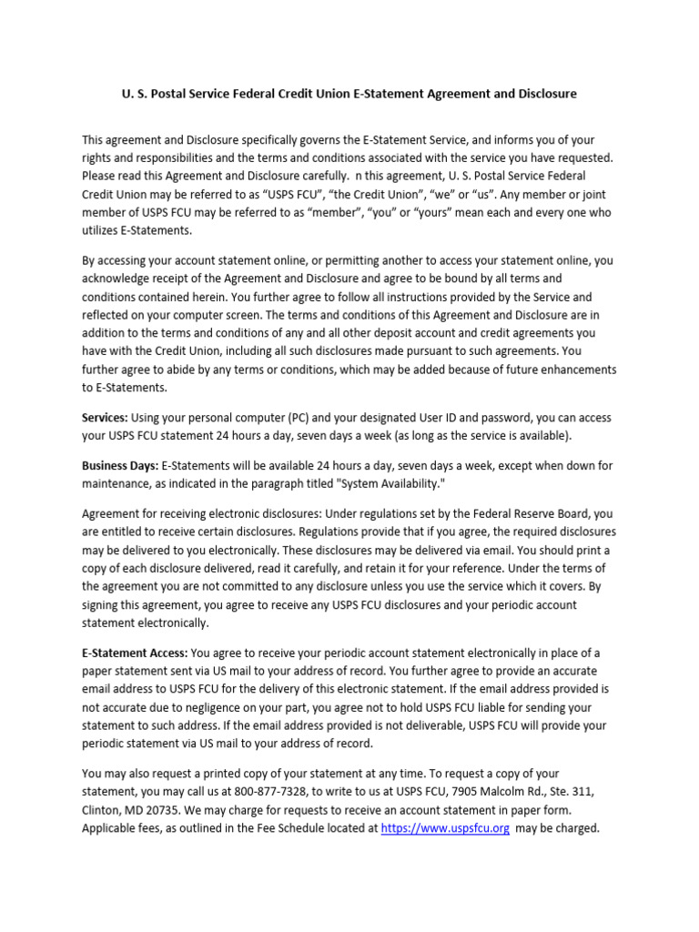 USPS FCU E-Statement Agreement | PDF | United States Postal Service ...