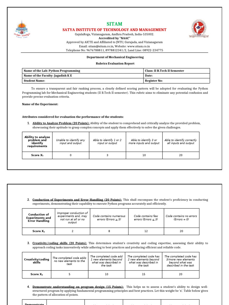 Python Lab Evaluation Rubric for B.Tech | PDF | Computing