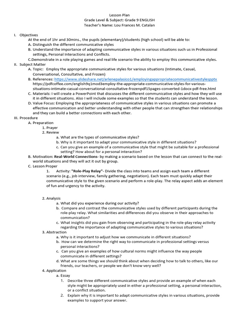 Grade 9 Lesson Plan: Communicative Styles | PDF | Evaluation ...