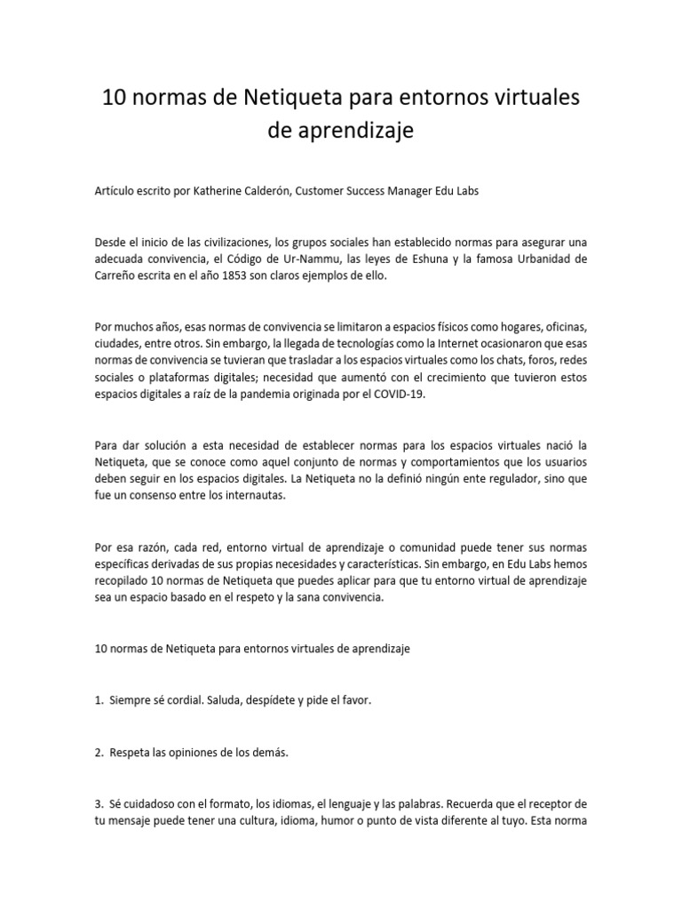10 Normas de Netiqueta en Aprendizaje Virtual | PDF | Puntuación ...