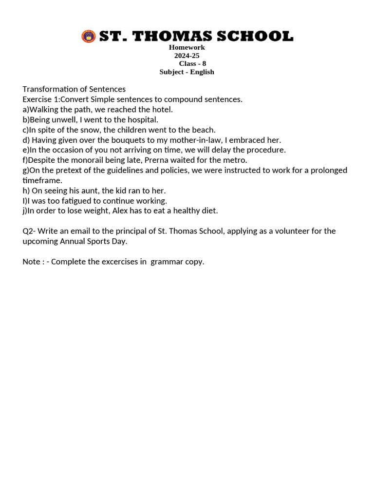 Sentence Transformation Exercises for Class 8 | PDF