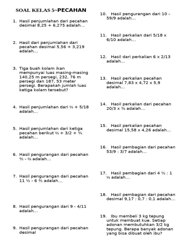 Soal Pecahan dan Desimal Kelas 5 | PDF