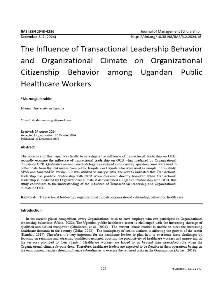 The Influence of Transactional Leadership Behavior and Organizational ...