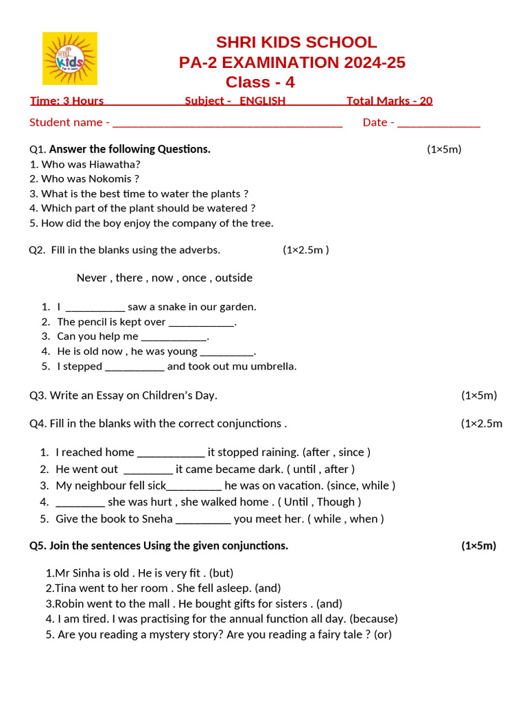 Class 4 English Exam Paper 2024-25 | PDF