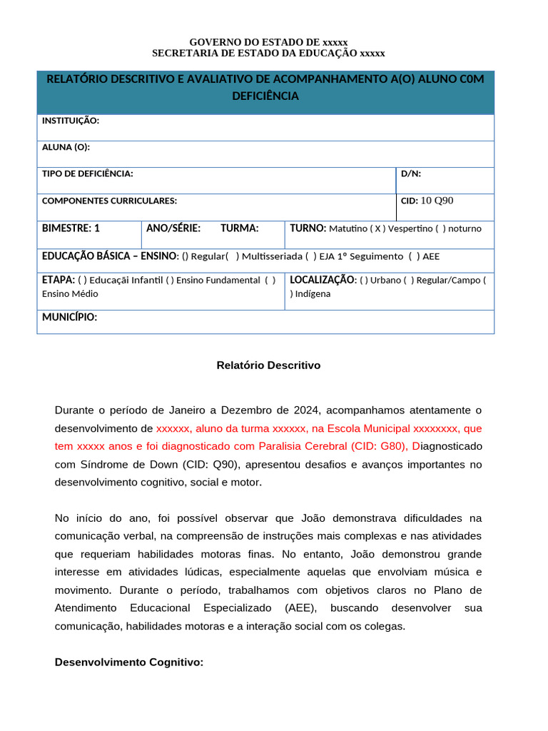 Relatório de Acompanhamento de Aluno com Deficiência | PDF | Comunicação