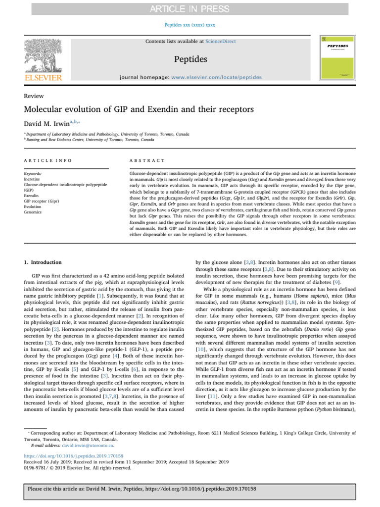 GIP and Exendin: Evolution and Receptors | PDF | Insulin | Biochemistry