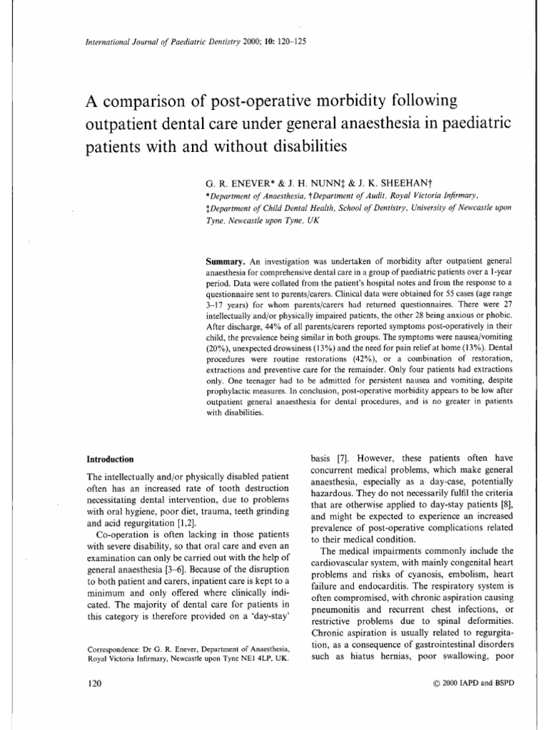 A Comparison of Post-Operative Morbidity Following Outpatient Dental ...