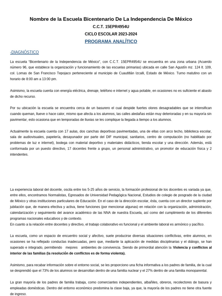 FASE 4 Plan Analitico 4° | PDF | Familia | Inclusión (Educación)