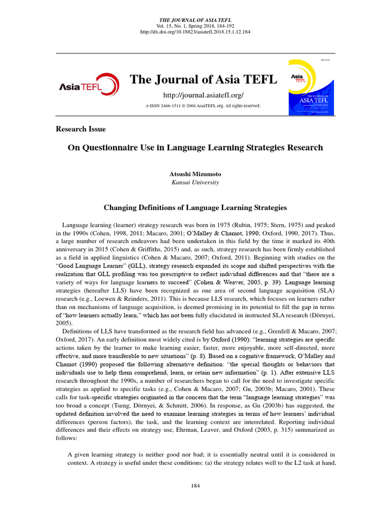 Questionnaire Use in Language Learning Strategies | PDF | Metacognition ...