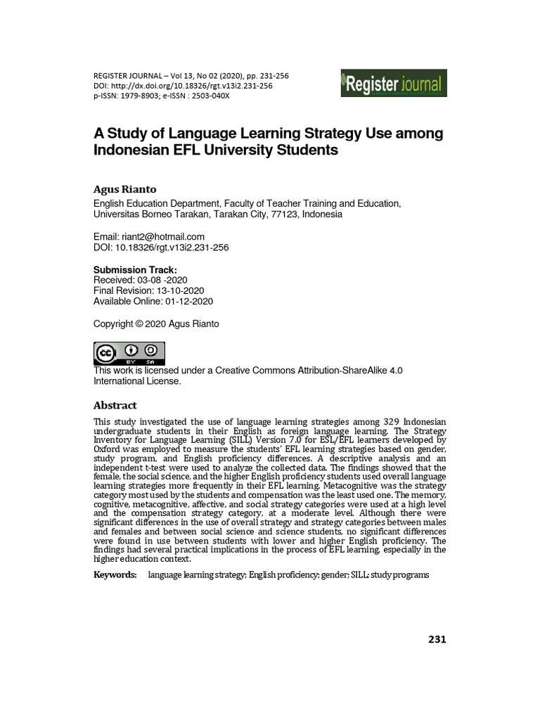 Language Learning Strategies in Indonesian EFL | PDF | English As A ...