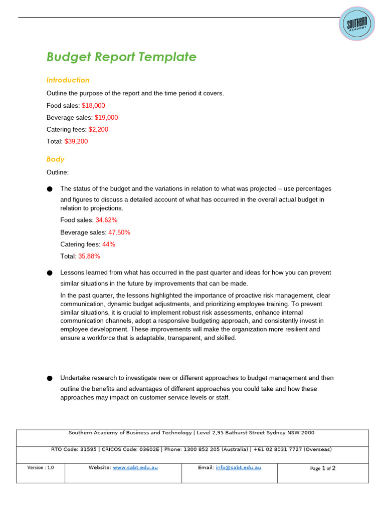Budget Report Template.v1.0 | PDF | Goal | Performance Indicator