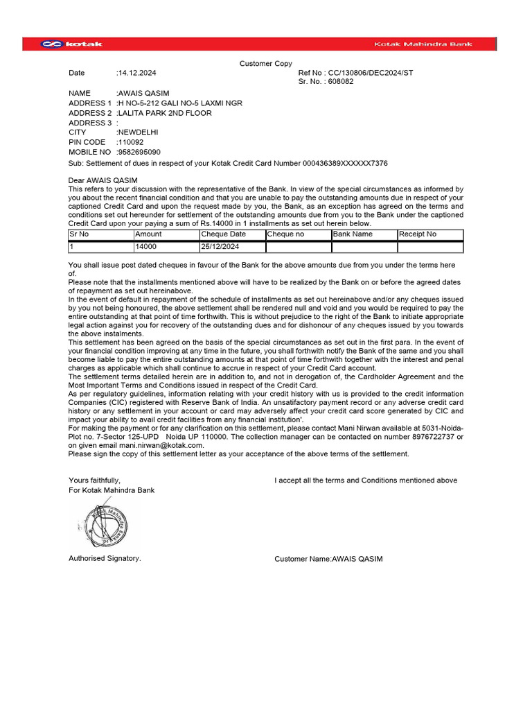Kotak Settlement Letter PDF Credit Card Payments