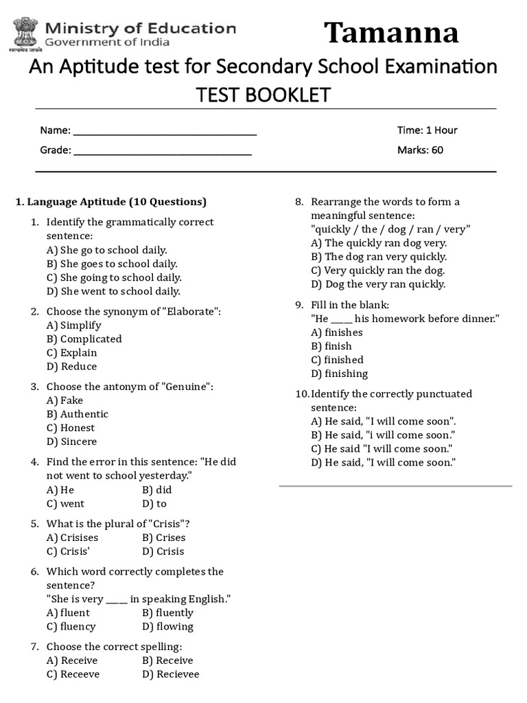 Tamanna Aptitude Test Booklet | PDF | Gear | Shape