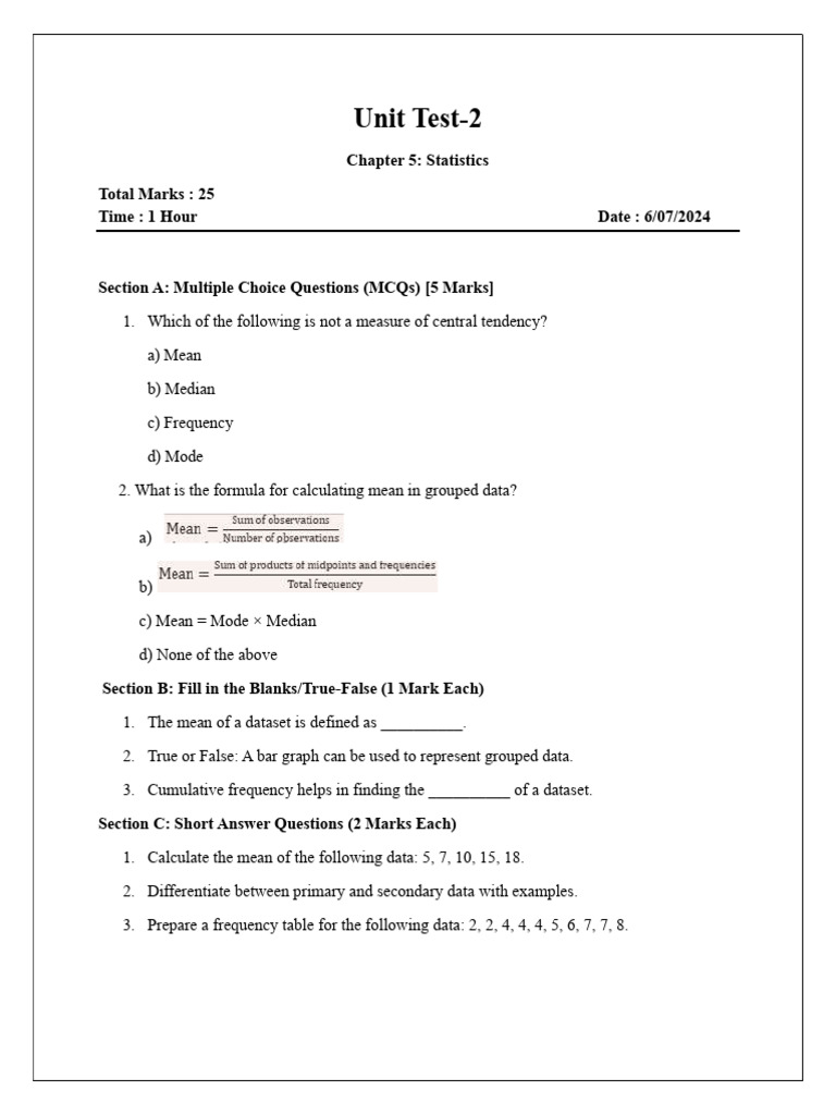Unit Test on Statistics Concepts | PDF