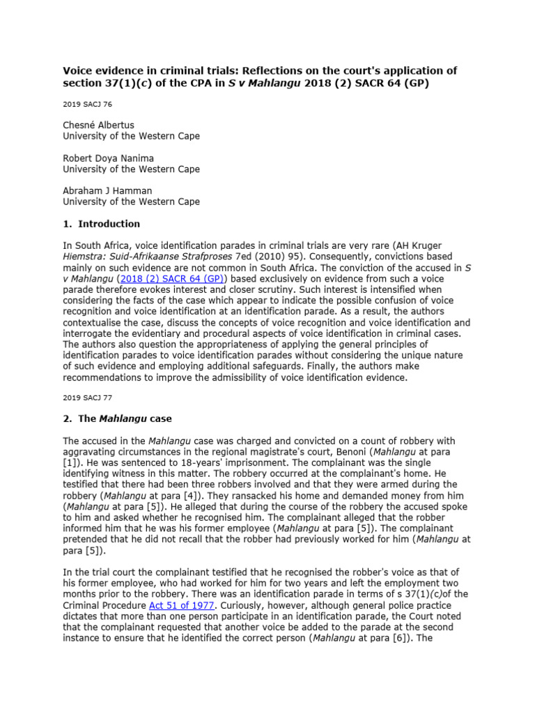 Voice Identification in Criminal Trials | PDF | Witness | Expert Witness