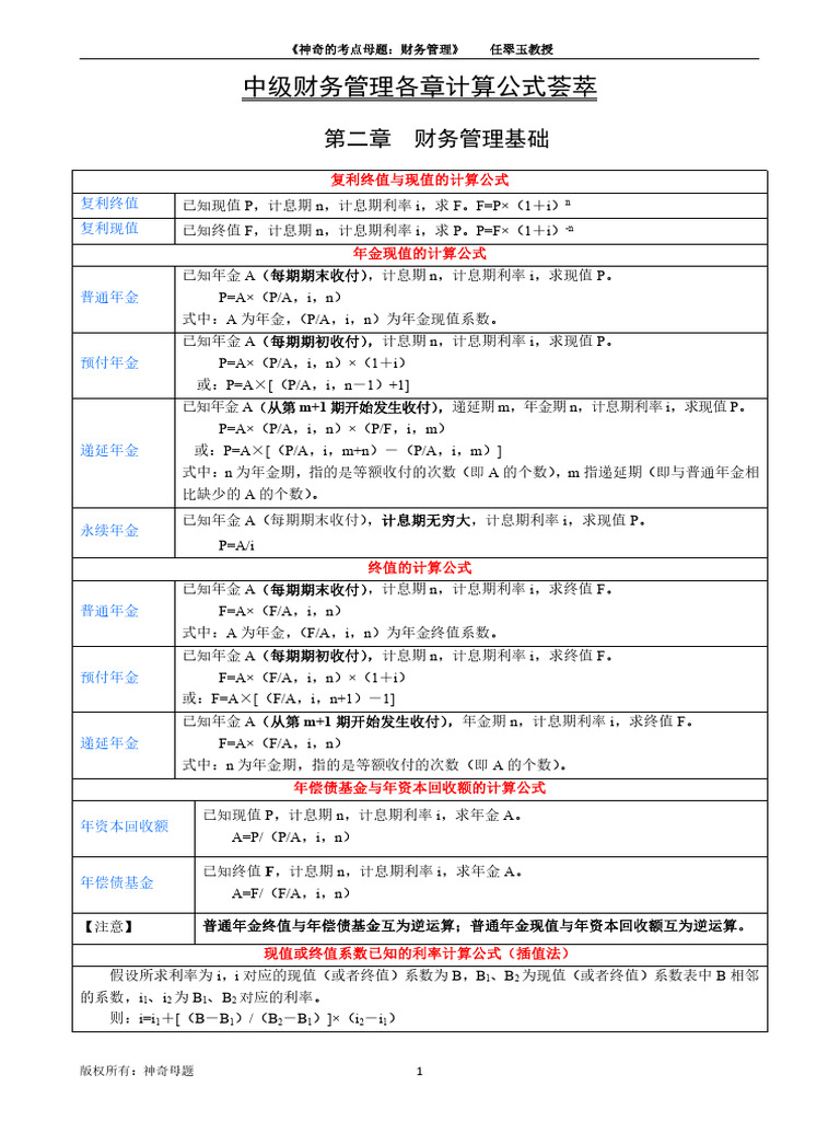 计算公式荟萃24中级《财务管理》 | PDF