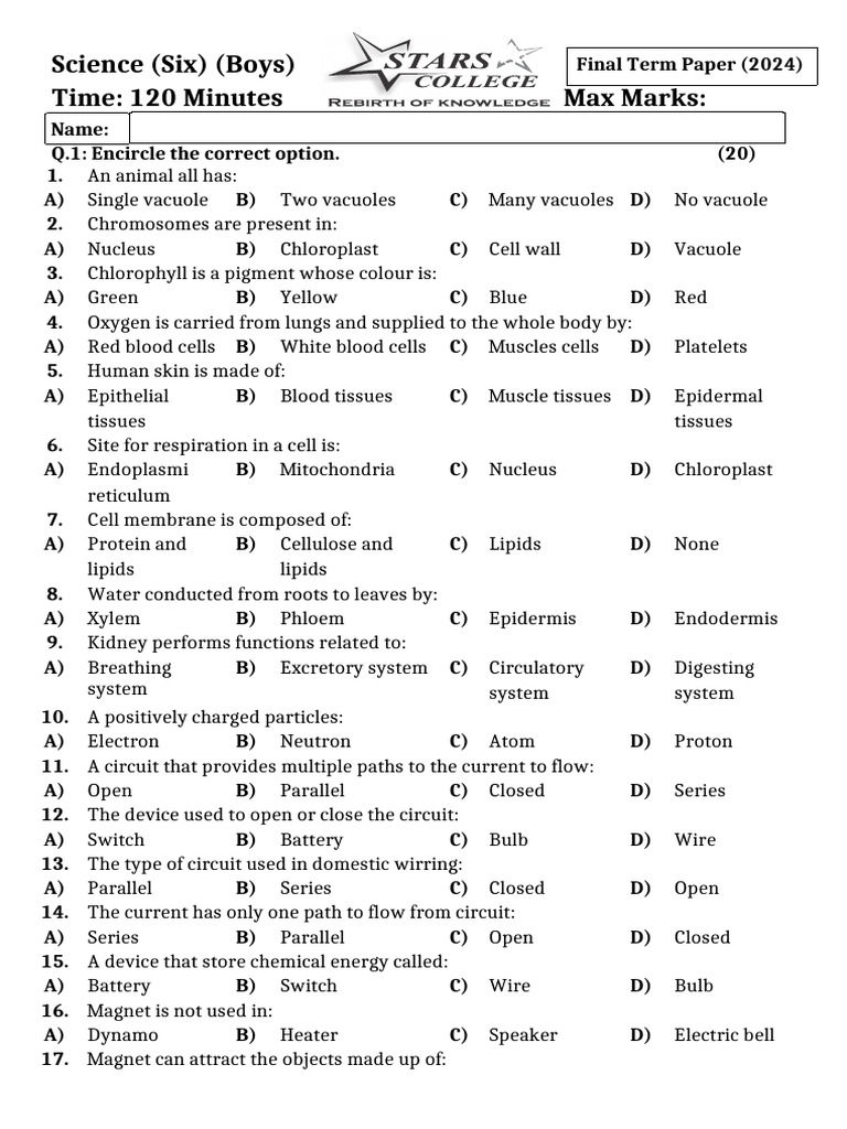 Science Six (Boys) 3rd Term Paper | PDF | Tissue (Biology) | Series And ...