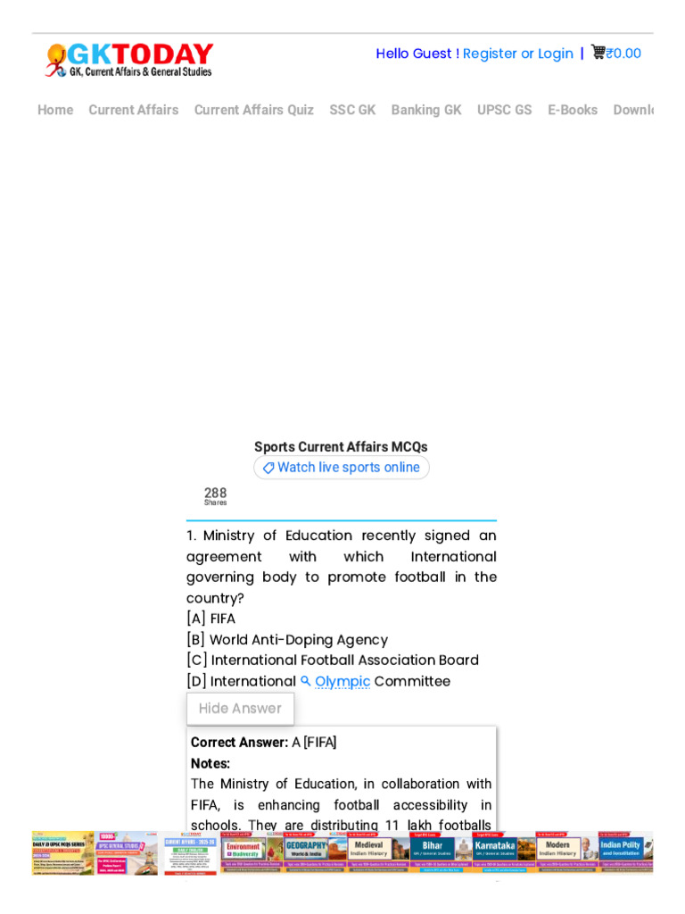 Sports Current Affairs MCQs 2025 | PDF