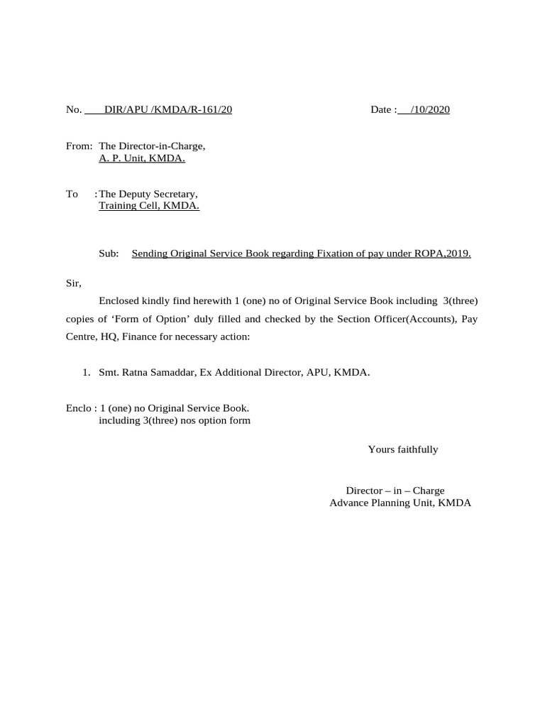 Sending Service Book and Option Form of SMT Ratna Samaddar To Training ...