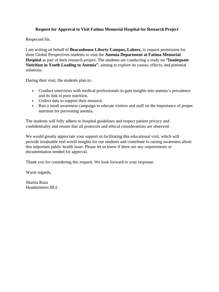 Request For Approval To Visit Fatima Memorial Hospital For GP Project | PDF