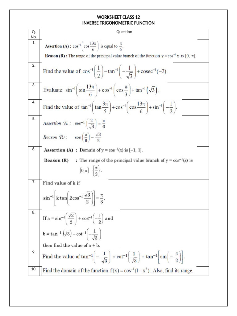 WORKSHEET - 12 - Inverse Trigonometric Function 52 | PDF