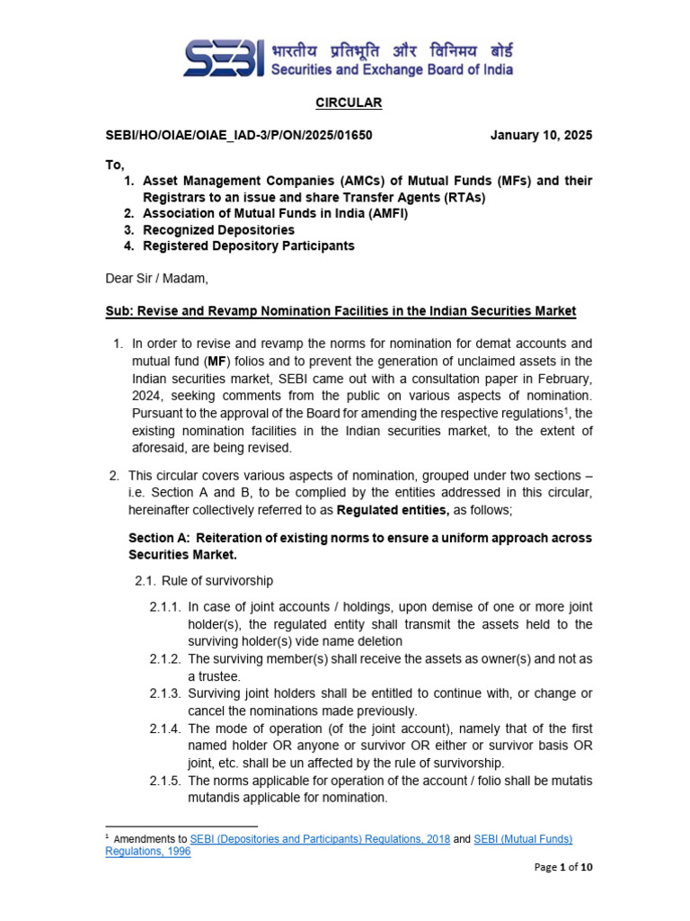 SEBI Nomination Guidelines Update | PDF | Securities (Finance ...