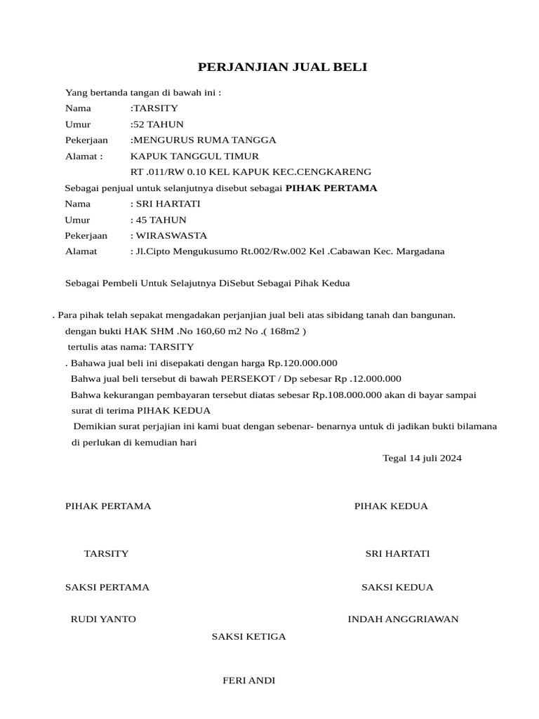 Perjanjian Jual Beli Tanah dan Bangunan | PDF